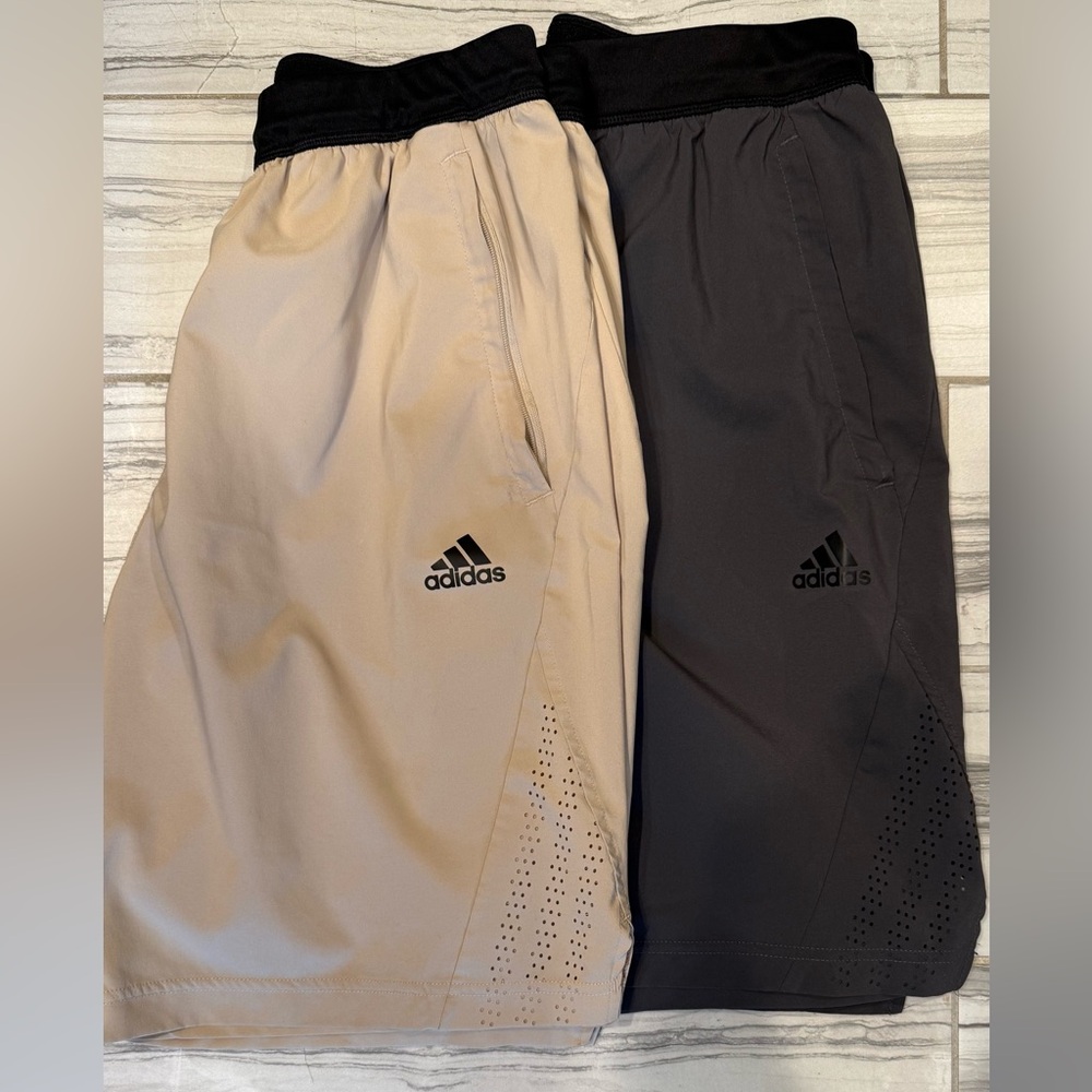 2 pair of Adidas Men's shorts (khaki and gray) size medium